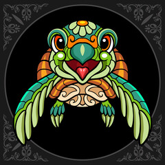 Colorful cute sea turtle cartoon zentangle arts. isolated on black background.