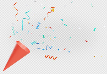 3d render of colorful confetti flying out of poper shoot on transparent background. - obrazy, fototapety, plakaty