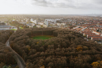 Aerial view of pildammsparken, park in the city of Malmo in sweden