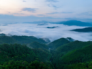 Curvy mountain road leads into dense fog bank at dawn