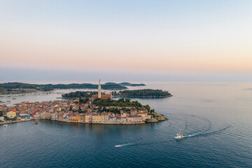 Aerial view of the old town of Rovinj with Church of Saint Euphemia on the Mediterranean sea , Rovinj, Croatia