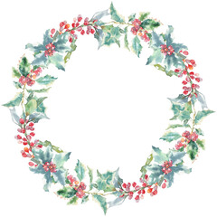 Watercolor Woodland Christmas floral wreath illustration, Winter forest flower decoration for greeting card, poster, invitation, baby shower Merry Christmas, New Year, holiday, sticker, frame art,diy