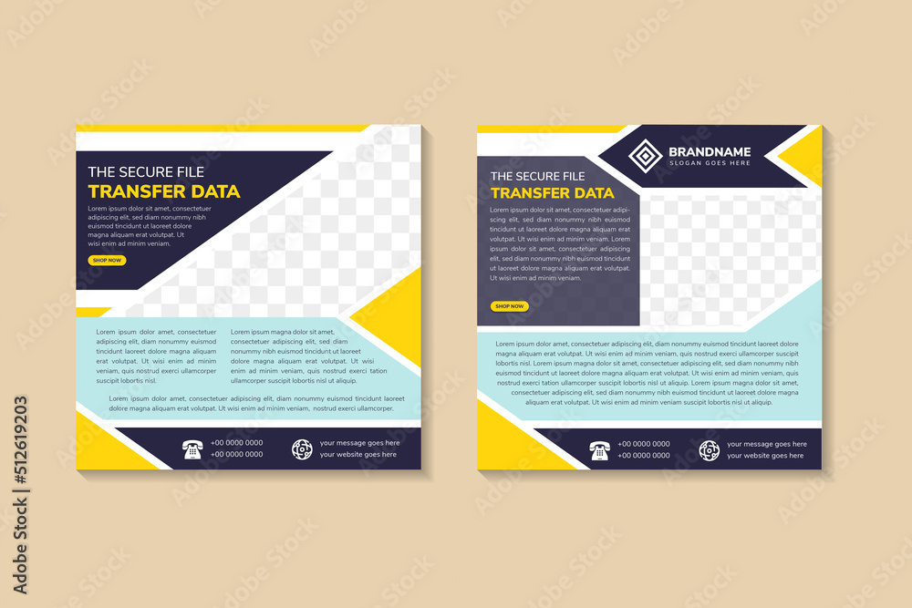Poster set of editable square banner template. purple, blue and yellow elements in white color background. 