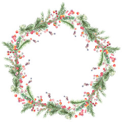 Watercolor Woodland Christmas floral wreath illustration, Winter forest flower decoration for greeting card, poster, invitation, baby shower Merry Christmas, New Year, holiday, sticker, frame art,diy