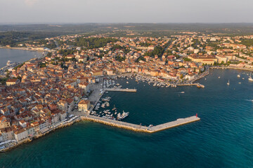 Aerial  top view of the old port of Rovinj in summer, Croatia