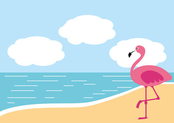 Pink flamingo on the beach. Summer wallpaper. Vector illustration. - obrazy, fototapety, plakaty