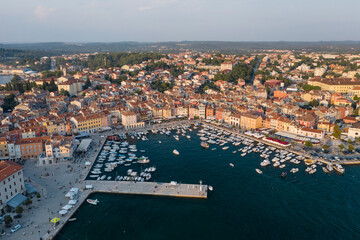 Aerial  top view of the old port of Rovinj in summer, Croatia