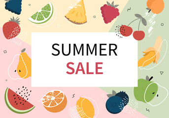 Summer sale banner with fruits and berries. Memphis style apple, peach, pear, banana, cherry, orange, limon, watermelon, strawberry, lime, pineapple. Fresh colorful vector illustration