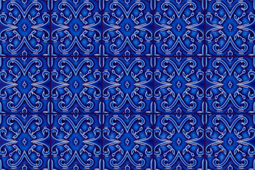 Blue geometric background pattern. Ceramic wall tiles design, illustration. Ornamental textile background.