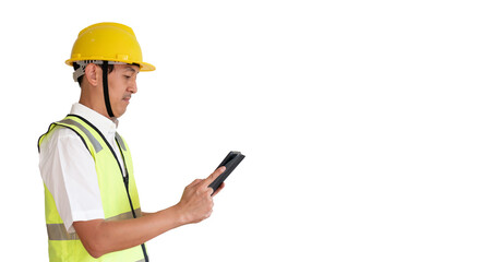 portrait of a worker, young asian civil engineer helmet hard hat standing showing thumbs up on isolated white background. Mechanic service concept