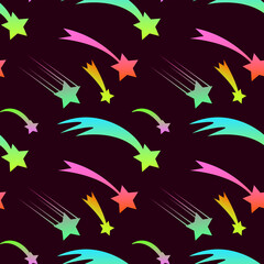 Festive cute seamless pattern with neon flying stars. Celebratory background with Christmas star. Ornament for gift wrapping paper, textile, surface textures. Vector Illustration. EPS