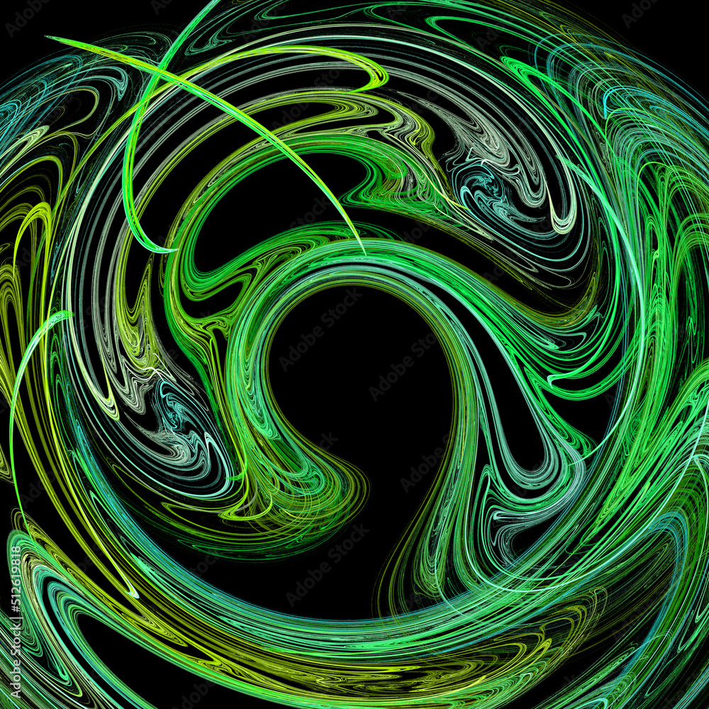 Poster a swirl of green curves on a black background. abstract fractal background. 3d rendering, 3d illustr