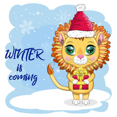 Merry Christmas and Happy New year. Funny lion in red hat with gift in cartoon style. Greeting card.