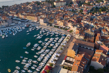 Fototapeta premium Aerial top view of the old port of Rovinj in summer, Croatia