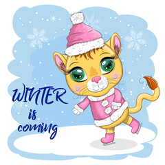 Merry Christmas and Happy New year. Funny lion in red hat with gift in cartoon style. Greeting card.