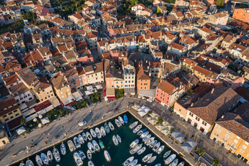 Aerial  top view of the old port of Rovinj in summer, Croatia