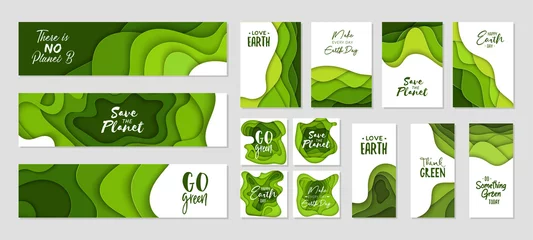 Foto op Aluminium Set of 14 Earth Day abstract graphic organic paper cut shapes. Dynamical waves, fluid. Green banners with flowing lines. Template for banners, flyers or presentation eco typography. © DELstudio