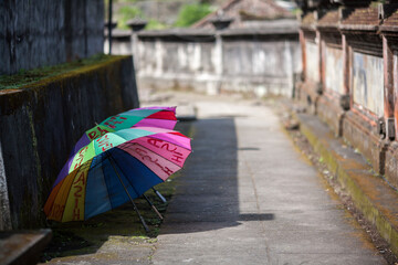 Colorful umbrella on the ground at Besakih Temple, It's service for tourism