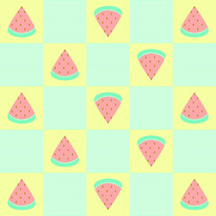Slices of watermelon seamless pattern over pastel yellow and striped green background. Vector Illustration