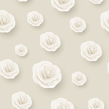 Vector Flower Seamless Pattern, White Realistic 3d Roses on Beige. Floral Seamless Background. Wedding Concept. Floral Illustration for Dreeting Card, Invitation, Textile, Wallpaper Flower Design