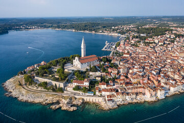 Aerial view of the old town of Rovinj with Church of Saint Euphemia on the Mediterranean sea ,...