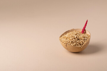 A wooden bowl filled with whole grain rice in a minimalist style. Front view