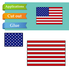 Fototapeta premium Create paper application the cartoon USA flag. 4th of July American Independence Day. Use scissor cut parts of United States flag and glue on the paper. Education logic game for baby, kids. Easy level