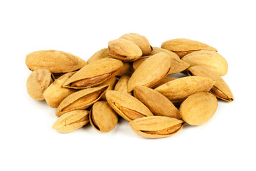 Heap of mountain almonds on white background, vegetarian snack.