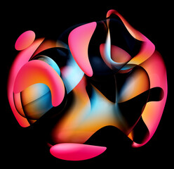 3d render of abstract art with surreal alien flower object in curve wavy organic lines forms with glowing elements in pink orange purple and blue gradient color n black background 