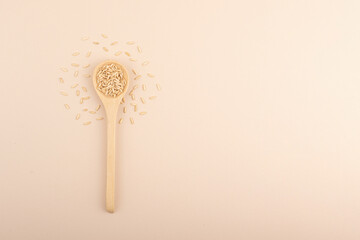 A minimalistic wooden spoon with brown rice. Top view