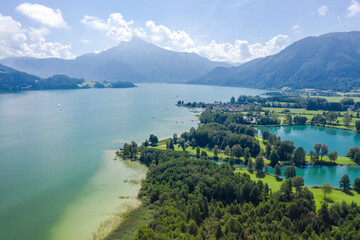 Aerial of Mondsee lake and golfing fields, Mondsee, Austria