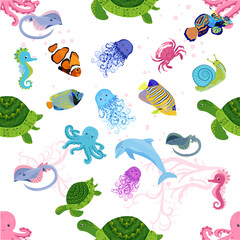 Marine life, fish, animals bright seamless pattern. sea travel, underwater diving animal tropical fish. Jellyfish, whale, shark, seahorse, clown fish, dolphin, turtle, emperor