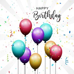 Happy birthday card on realistic 3d balloon celebration background
