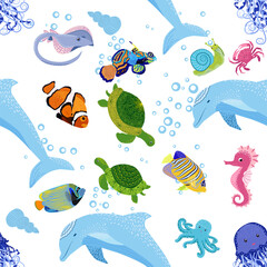 Marine life, fish, animals bright seamless pattern. sea travel, underwater diving animal tropical fish. Jellyfish, whale, shark, seahorse, clown fish, dolphin, turtle, emperor