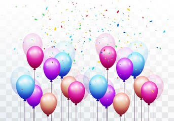 Decorative multicolored balloons happy birthday card on transparent background