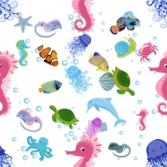 Papier Peint photo Lavable Vie marine Marine life, fish, animals bright seamless pattern. sea travel, underwater diving animal tropical fish. Jellyfish, whale, shark, seahorse, clown fish, dolphin, turtle, emperor