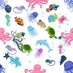 Obraz premium Marine life, fish, animals bright seamless pattern. sea travel, underwater diving animal tropical fish. Jellyfish, whale, shark, seahorse, clown fish, dolphin, turtle, emperor