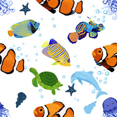 Marine life, fish, animals bright seamless pattern. sea travel, underwater diving animal tropical fish. Jellyfish, whale, shark, seahorse, clown fish, dolphin, turtle, emperor