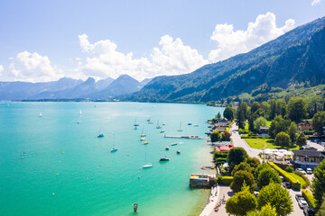 Aerial of Saint Gilgen (Sankt Gilgen) on Wolfgangsee lake, Austria