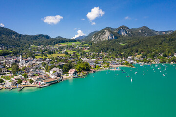 Aerial of Saint Gilgen (Sankt Gilgen) on Wolfgangsee lake, Austria