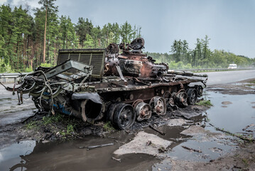 Completely burned Russian tank near Kiev