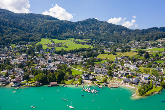 Aerial of Saint Gilgen (Sankt Gilgen) on Wolfgangsee lake, Austria