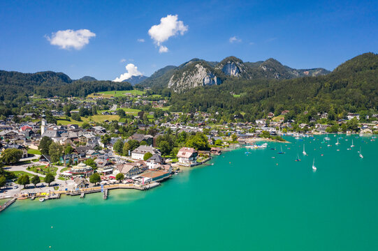 Aerial of Saint Gilgen (Sankt Gilgen) on Wolfgangsee lake, Austria