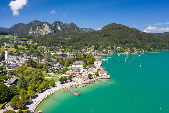 Aerial of Saint Gilgen (Sankt Gilgen) on Wolfgangsee lake, Austria