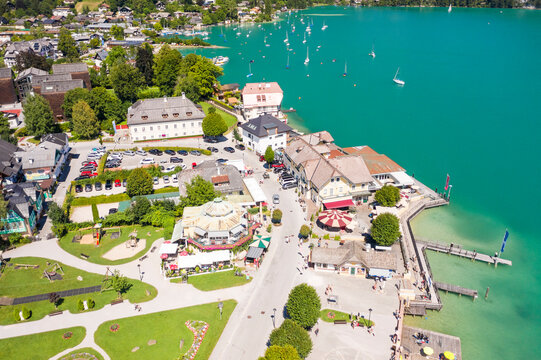 Aerial of Saint Gilgen (Sankt Gilgen) on Wolfgangsee lake, Austria