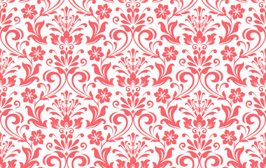 Wallpaper in the style of Baroque. Seamless vector background. White and pink floral ornament. Graphic pattern for fabric, wallpaper, packaging. Ornate Damask flower ornament