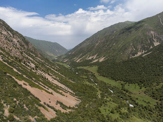Aerial view of a forested canyon near Bishkek, Kyrgyzstan.