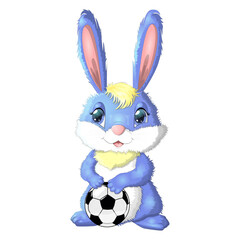 Cartoon rabbit, hare with a football ball. Cute childish character, symbol of 2023 new chinese year