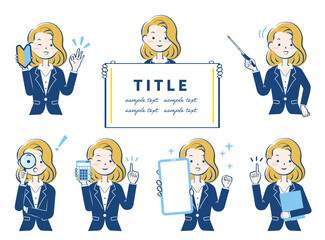 虫眼鏡や書類等を持ったスーツ姿の女性　セット　3c