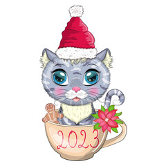 Cute cartoon cat in a Santa hat in a cup with cookies and an inscription. Winter 2023, Christmas and Chinese New